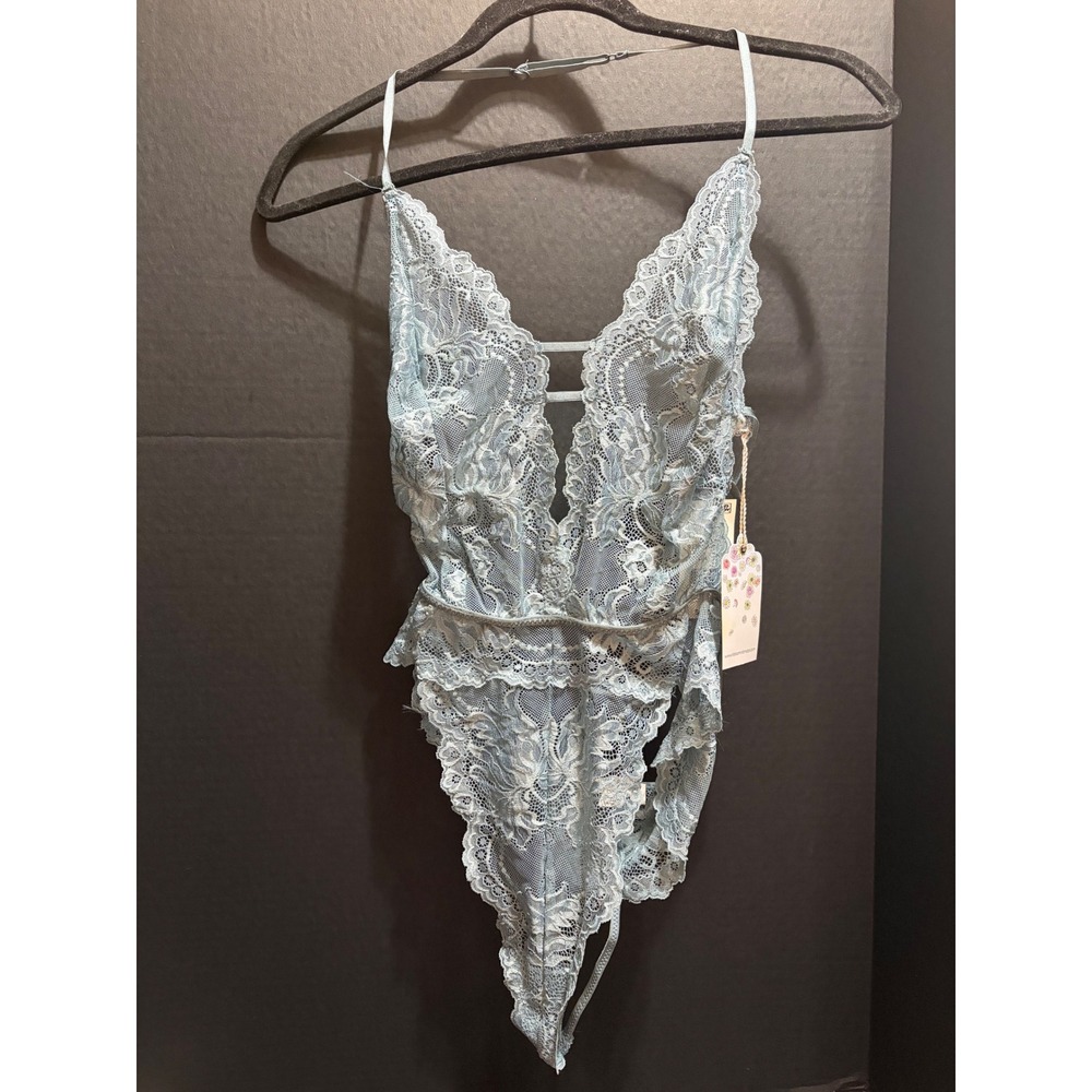 In Bloom by Jonquil Deep Sage Floral Lace Plunging Thong Bodysuit Teddy M NWT